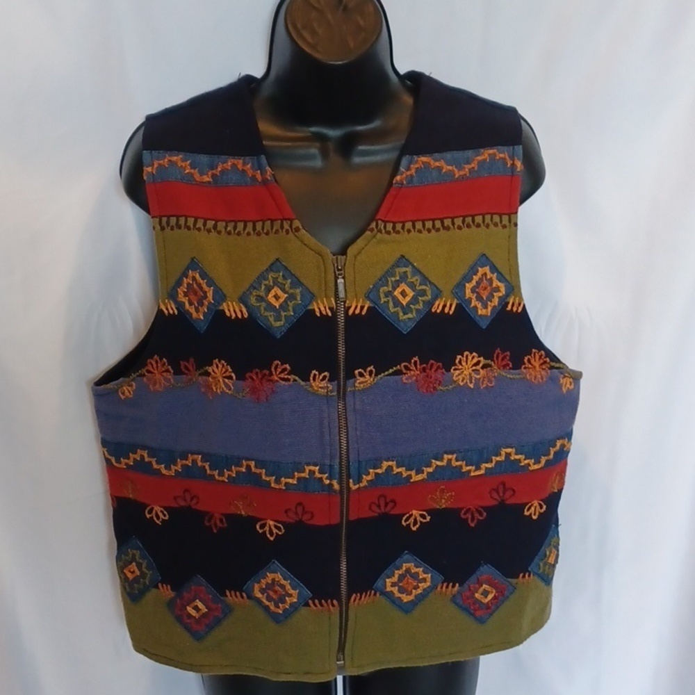 Susan Bristol Casuals Festival Vest Size Med Southwest Aztec Vintage, navy